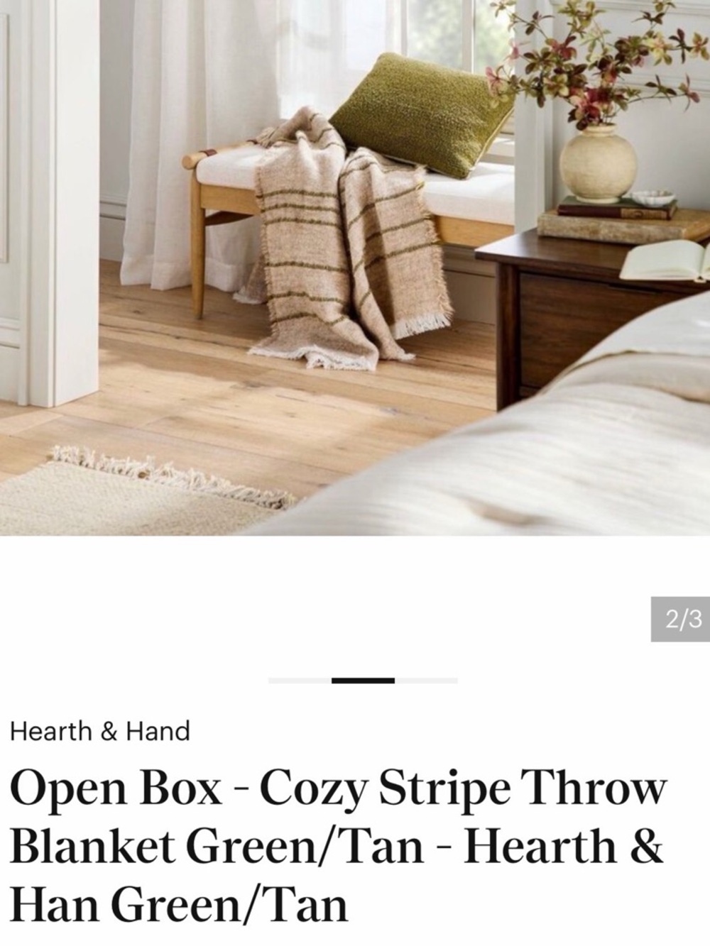 Hearth & Hand Tan Throw Blanket with Green Stripes - Picture 2 of 4